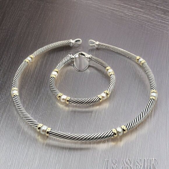David Yurman Authentic Estate Pearl Necklace 17" + Bracelet 7.5" Sil & 14k DY310 - Picture 1 of 15